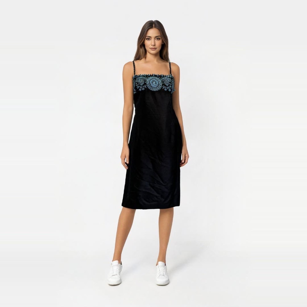 Ann Taylor Black Midi Slip Dress with Blue Embroidered Yoke
